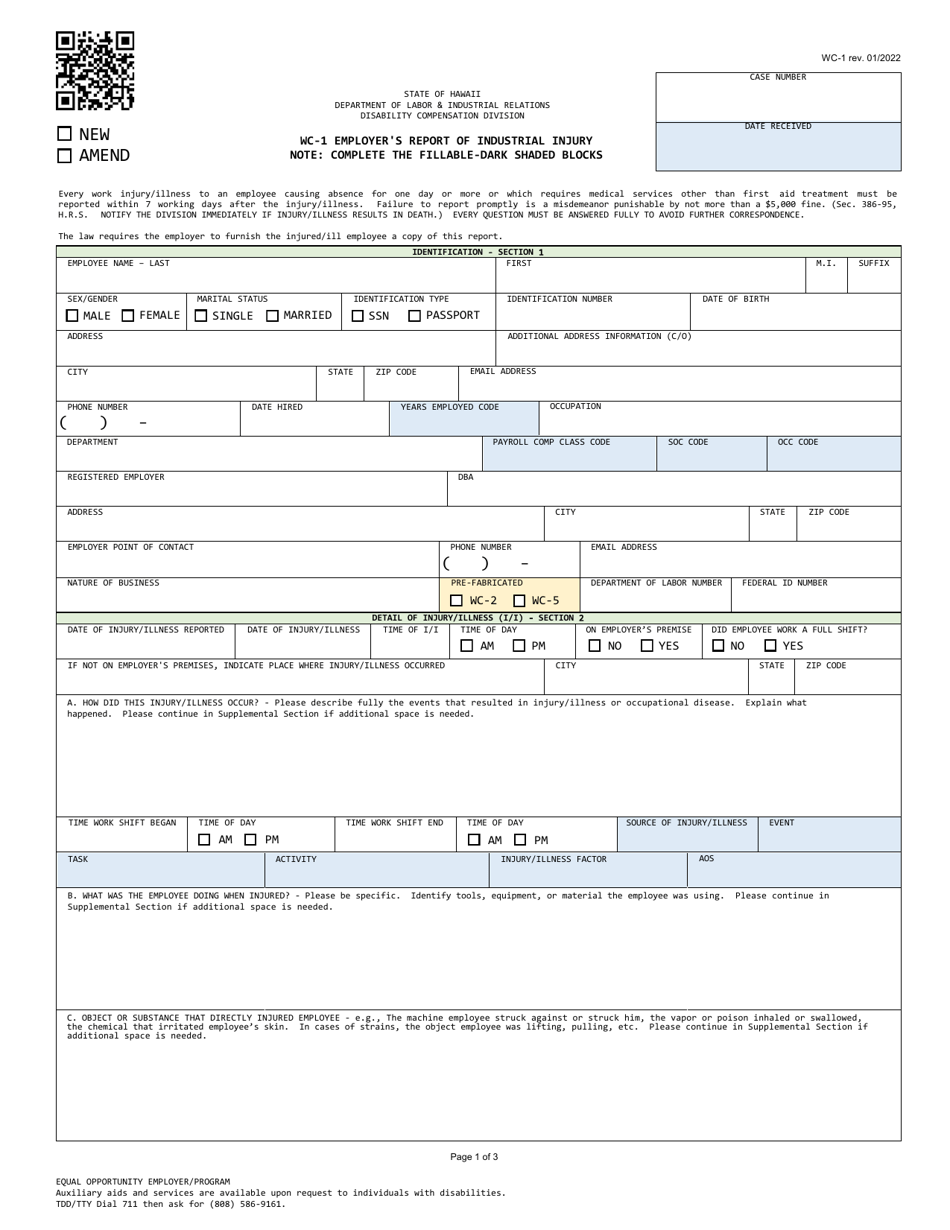 Form WC-1 Employers Report of Industrial Injury - Hawaii, Page 1