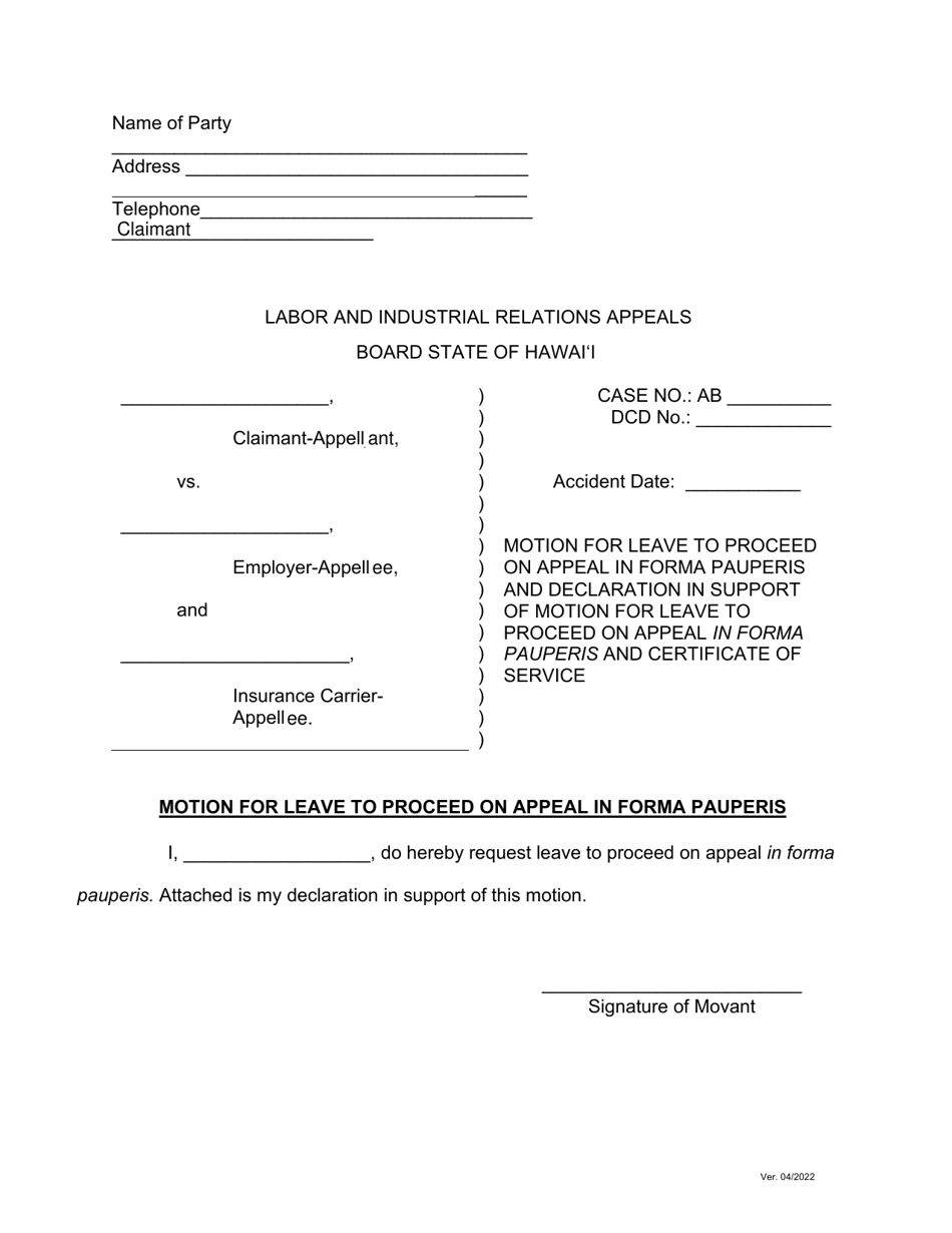 Motion for Leave to Proceed on Appeal in Forma Pauperis and Declaration in Support of Motion for Leave to Proceed on Appeal in Forma Pauperis and Certificate of Service - Hawaii, Page 1
