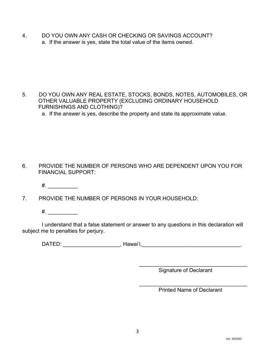 Motion for Leave to Proceed on Appeal in Forma Pauperis and Declaration in Support of Motion for Leave to Proceed on Appeal in Forma Pauperis and Certificate of Service - Hawaii, Page 3