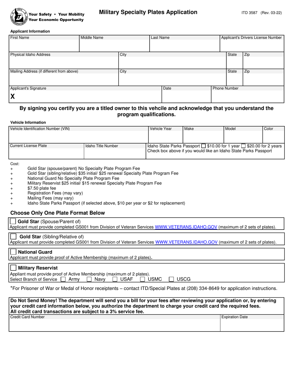 Form ITD3587 Military Specialty Plates Application - Idaho, Page 1