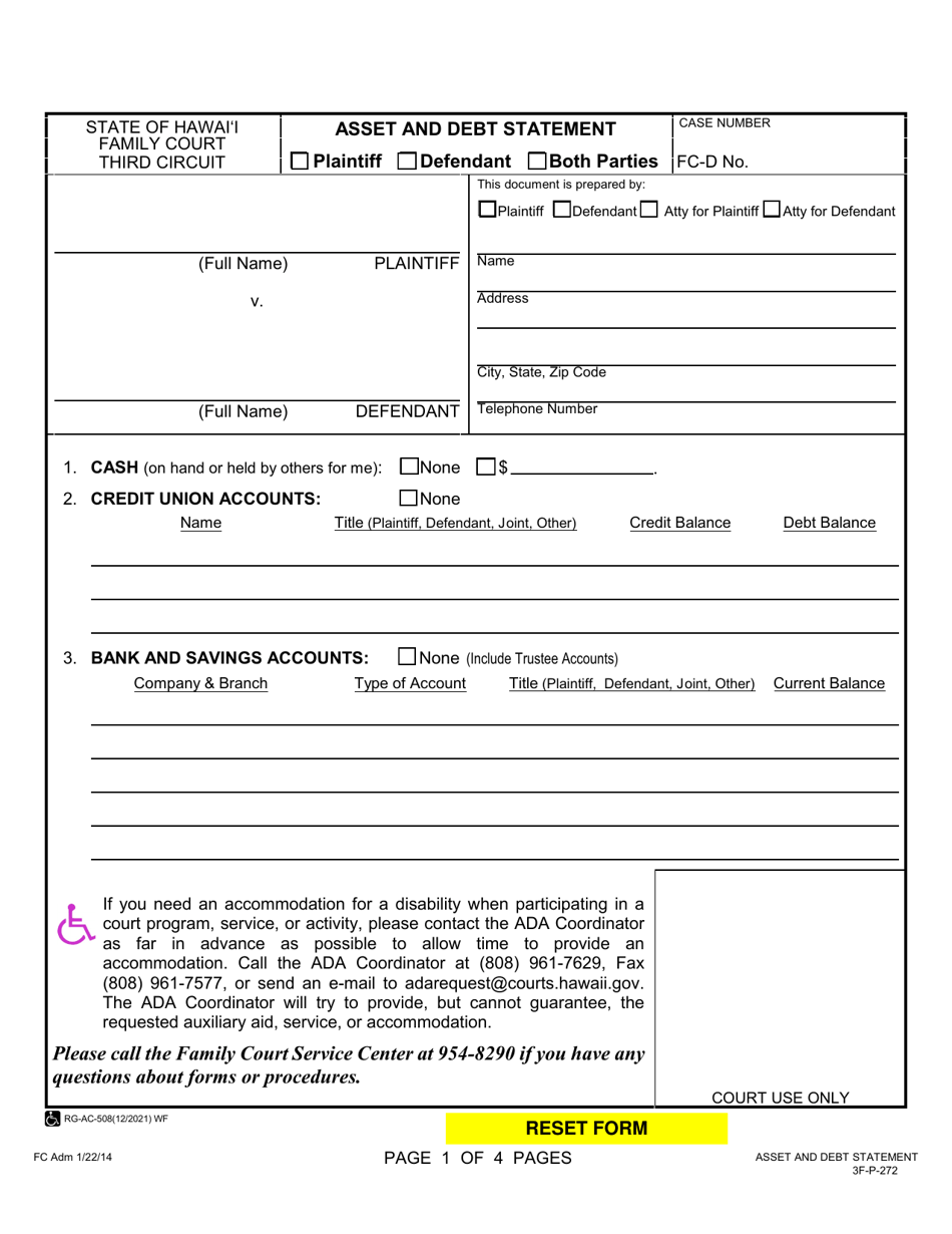 Form 3F-P-272 Asset and Debt Statement - Hawaii, Page 1