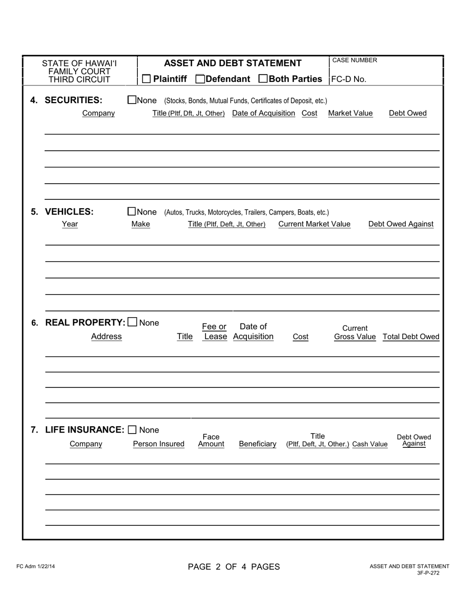 Form 3F-P-272 Asset and Debt Statement - Hawaii, Page 2