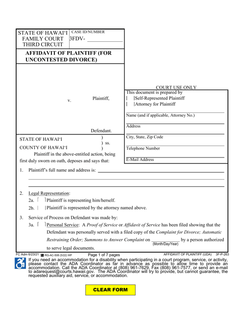 Form 3F-P-263 Affidavit of Plaintiff (For Uncontested Divorce) - Hawaii