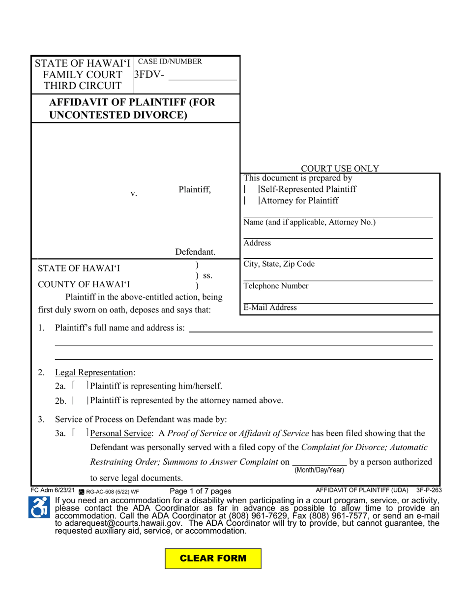 Form 3F-P-263 Affidavit of Plaintiff (For Uncontested Divorce) - Hawaii, Page 1