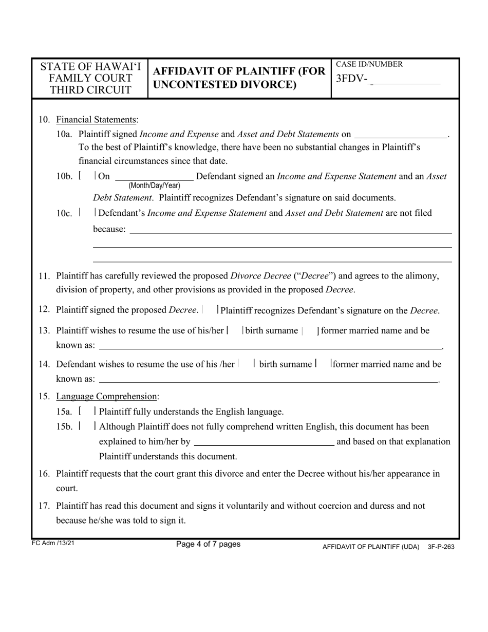 Form 3F-P-263 Affidavit of Plaintiff (For Uncontested Divorce) - Hawaii, Page 4