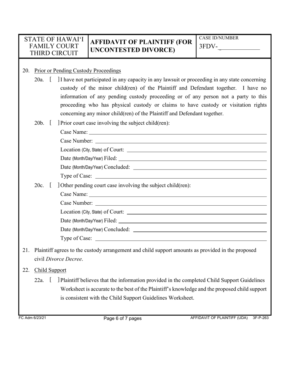 Form 3F-P-263 Affidavit of Plaintiff (For Uncontested Divorce) - Hawaii, Page 6
