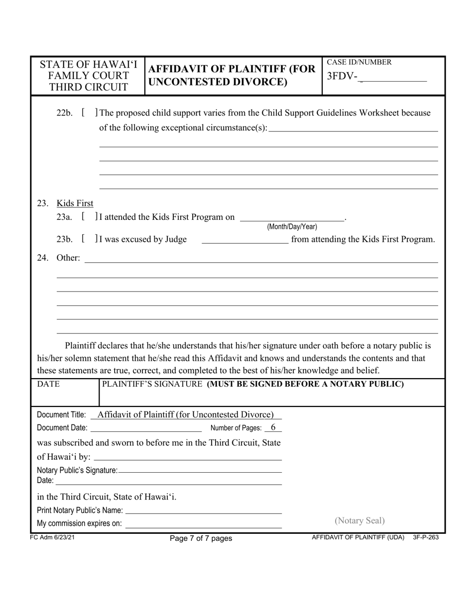Form 3F-P-263 Affidavit of Plaintiff (For Uncontested Divorce) - Hawaii, Page 7