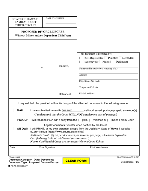 Form 3F-P-268 Proposed Divorce Decree Without Minor and/or Dependent Child(Ren) - Hawaii