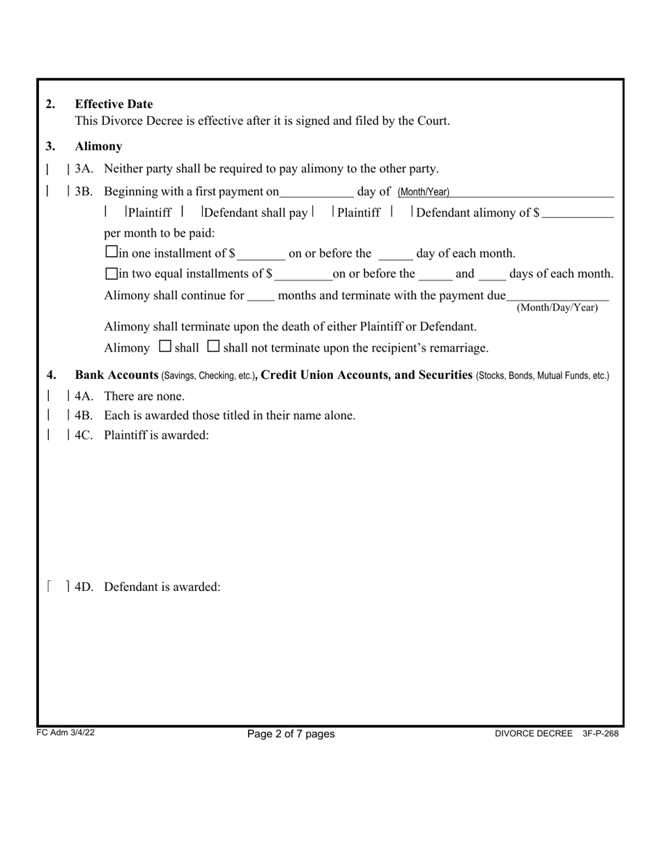 Form 3F-P-268 Proposed Divorce Decree Without Minor and / or Dependent Child(Ren) - Hawaii, Page 3