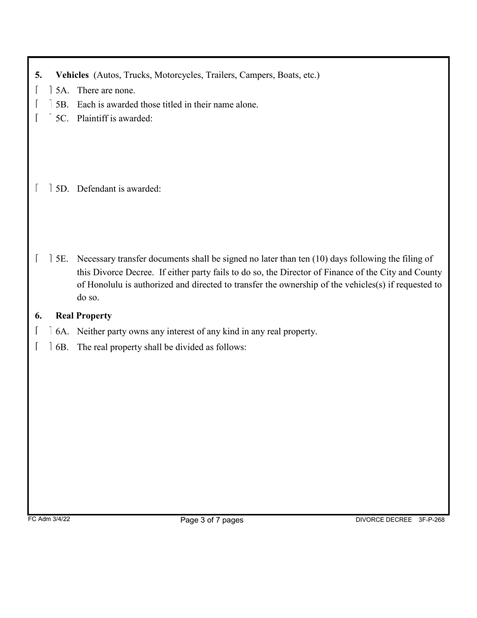 Form 3F-P-268 Proposed Divorce Decree Without Minor and / or Dependent Child(Ren) - Hawaii, Page 4