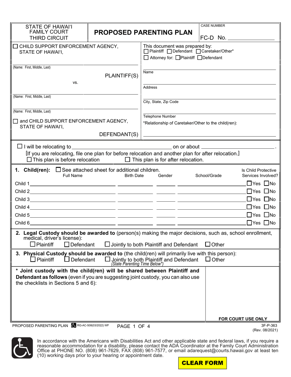Form 3F-P-363 Proposed Parenting Plan - Hawaii, Page 1