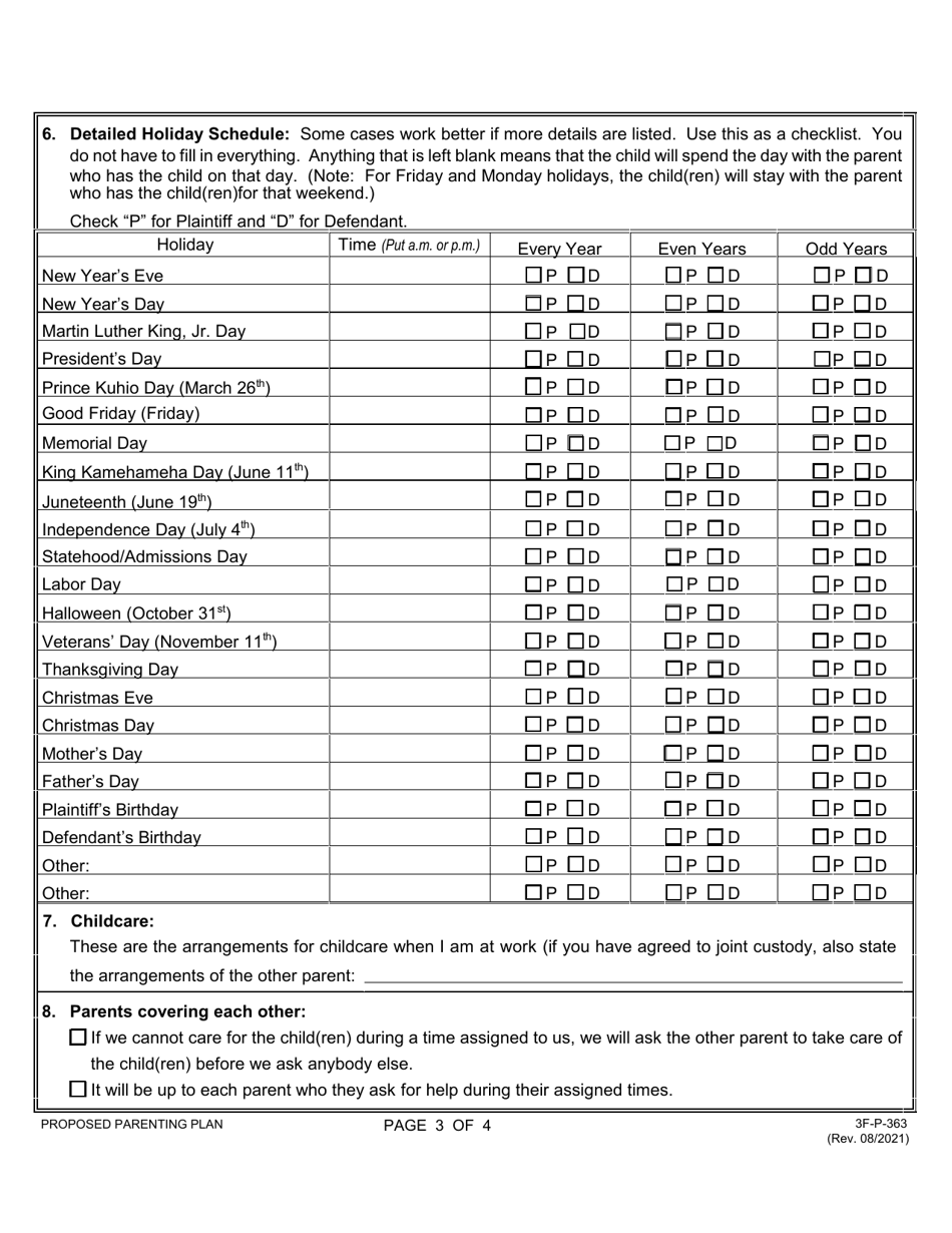 Form 3F-P-363 Proposed Parenting Plan - Hawaii, Page 3
