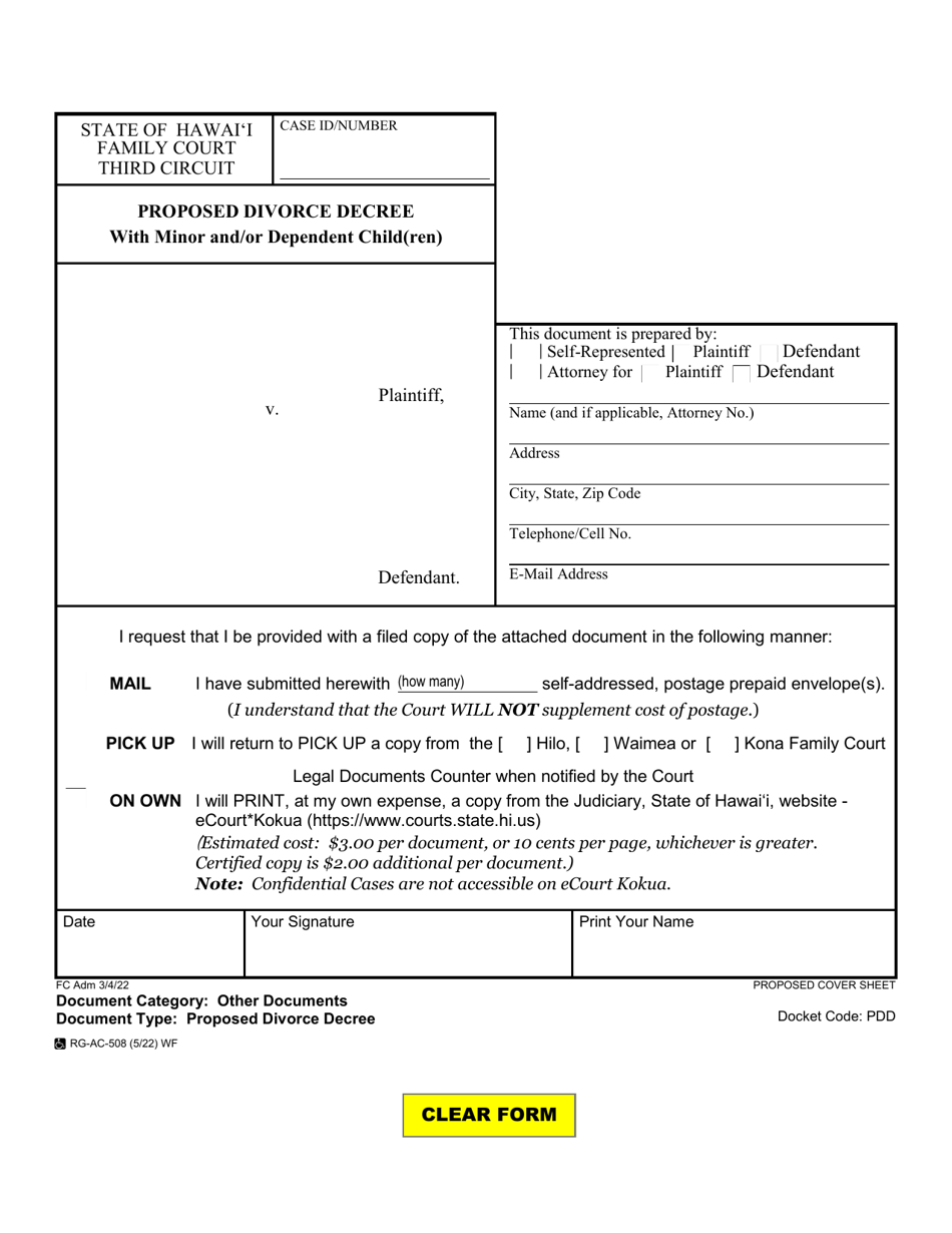 Form 3F-P-260 Proposed Divorce Decree With Minor and / or Dependent Child(Ren) - Hawaii, Page 1