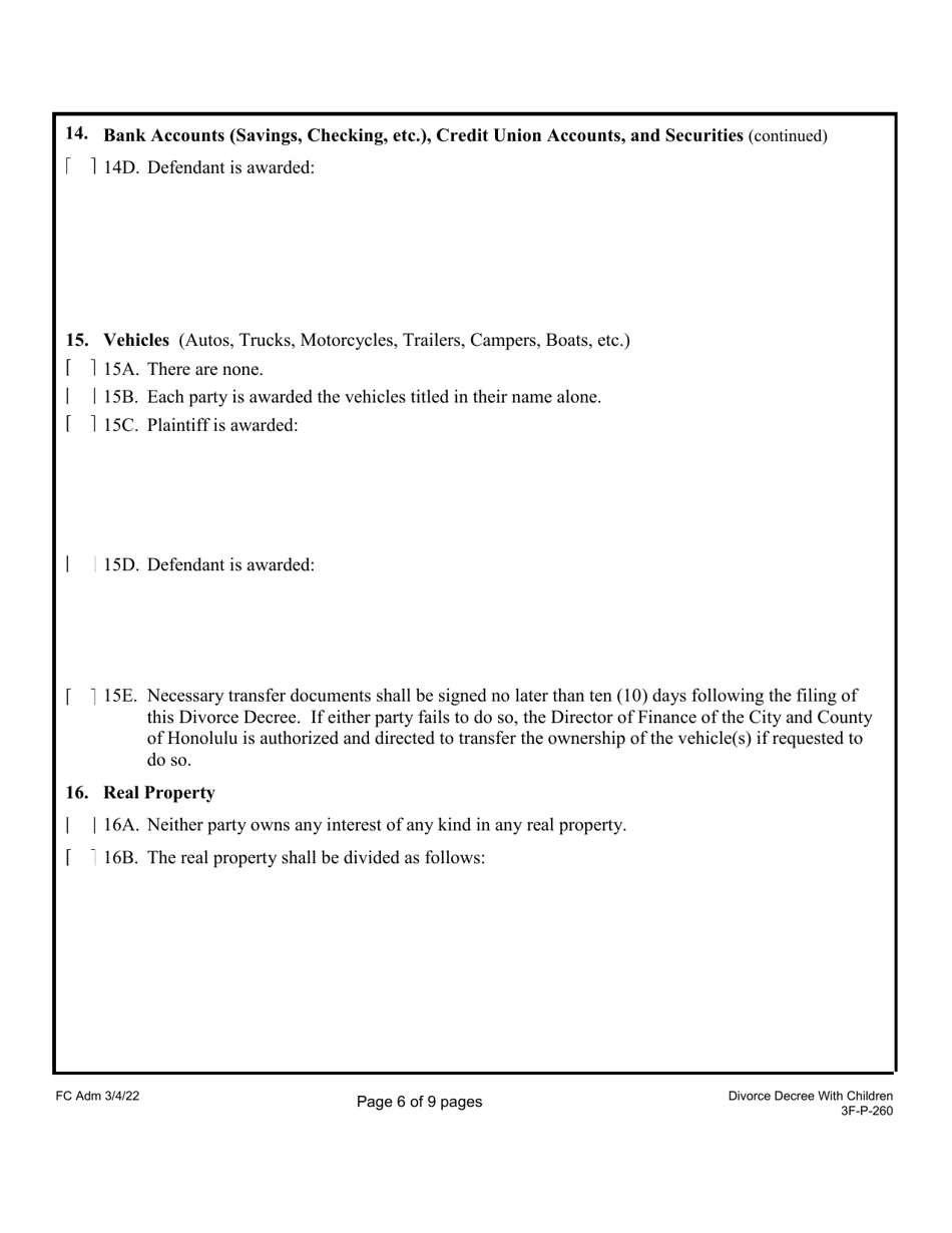Form 3F-P-260 Proposed Divorce Decree With Minor and / or Dependent Child(Ren) - Hawaii, Page 7