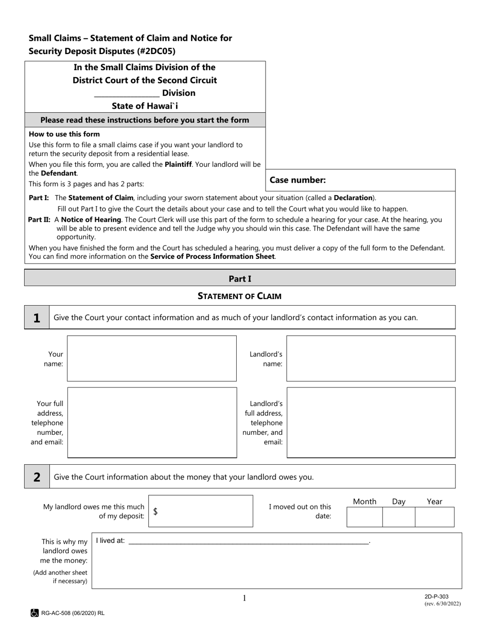 Form 2DC05 (2D-P-303) Statement of Claim and Notice for Security Deposit Disputes - Hawaii, Page 1