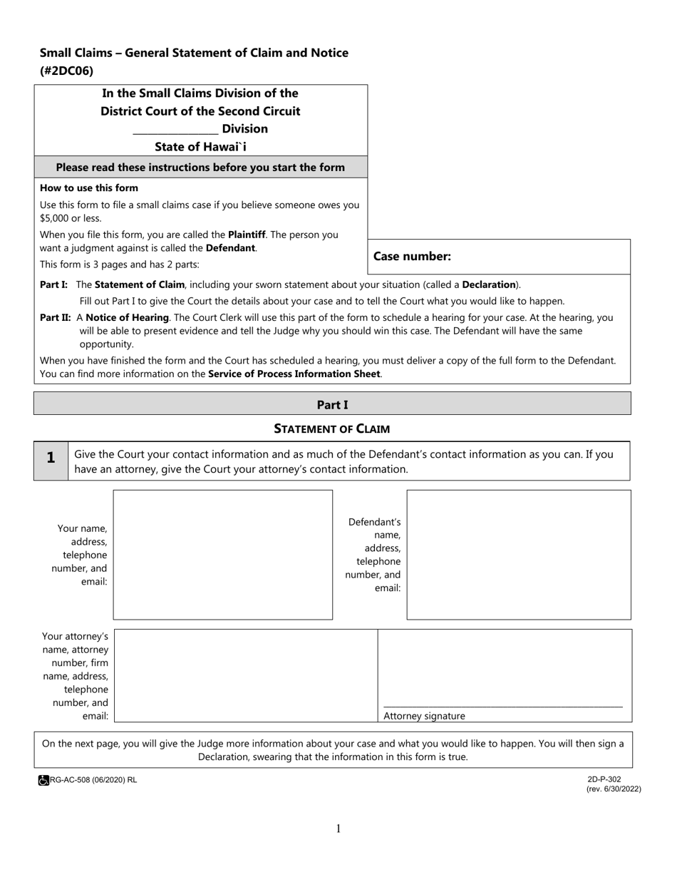 Form 2DC06 (2D-P-302) Small Claims - General Statement of Claim and Notice - Hawaii, Page 1
