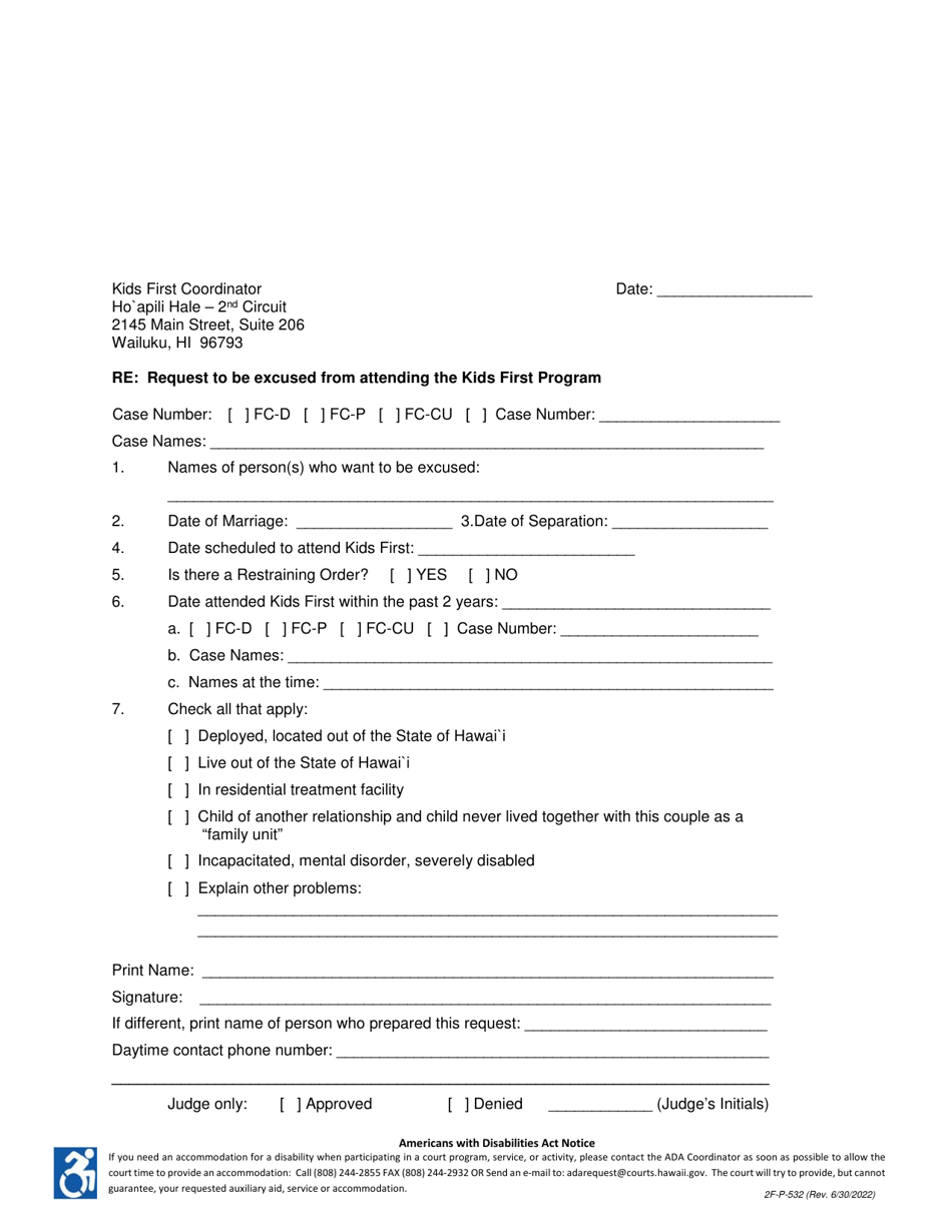 Form 2F-P-532 Request to Be Excused From Attending the Kids First Program - Hawaii, Page 1