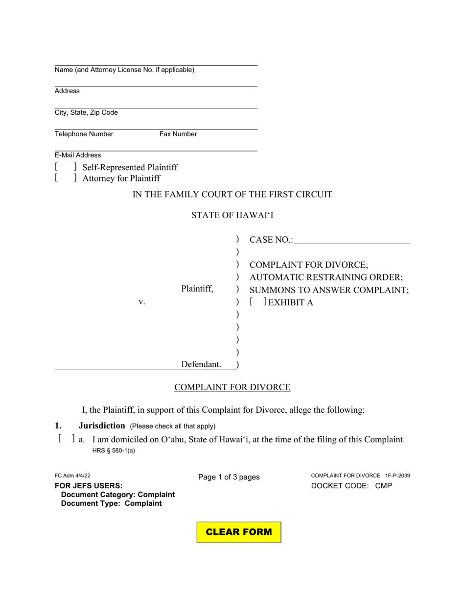 Form 1F-P-2039 Complaint for Divorce; Automatic Restraining Order; Summons to Answer Complaint - Hawaii, Page 1