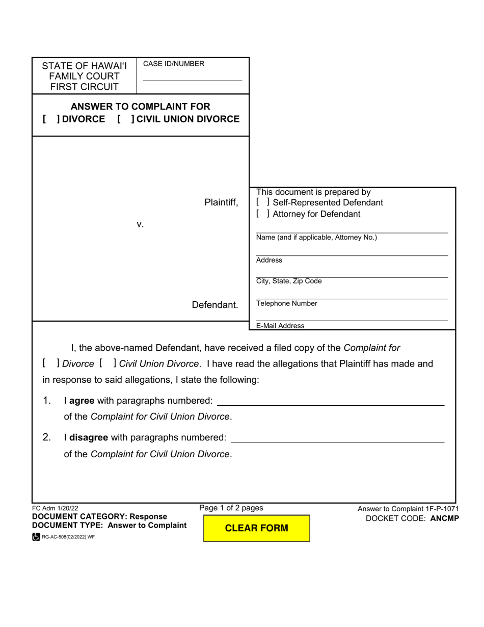 Form 1F-P-1071 Answer to Complaint for Divorce - Hawaii, Page 1