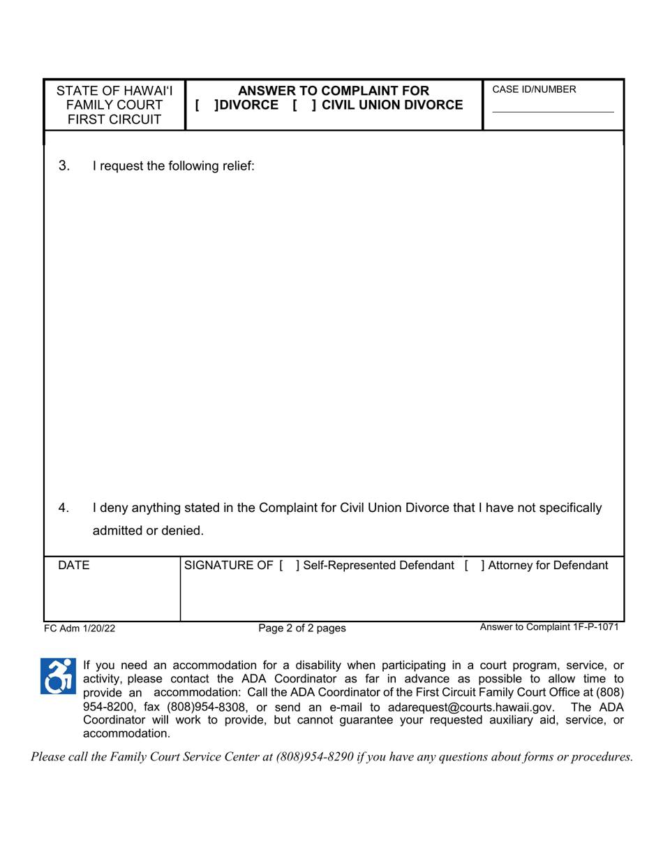 Form 1F-P-1071 Answer to Complaint for Divorce - Hawaii, Page 2