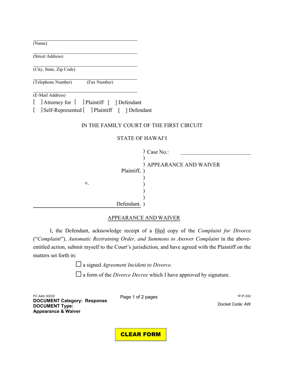 Form 1F-P-332 Appearance and Waiver - Hawaii, Page 1
