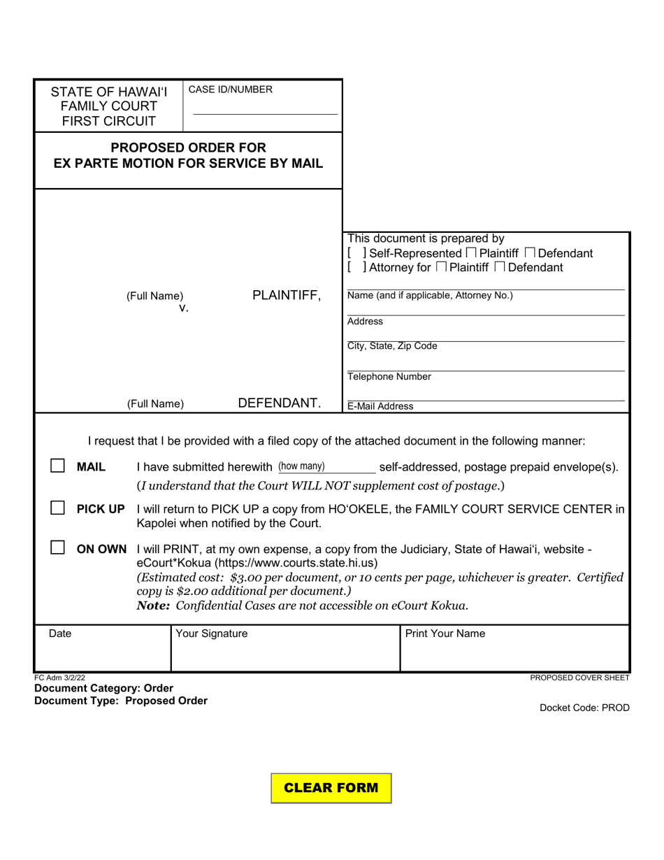 Form 1F-P-186 Proposed Order for Ex Parte Motion for Service by Mail - Hawaii, Page 1