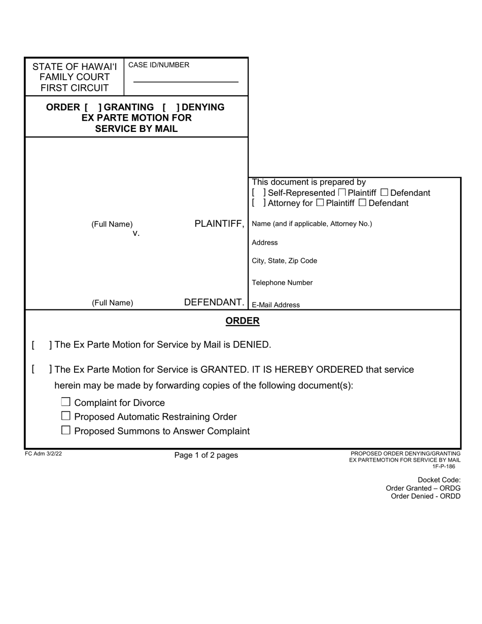 Form 1F-P-186 Proposed Order for Ex Parte Motion for Service by Mail - Hawaii, Page 2