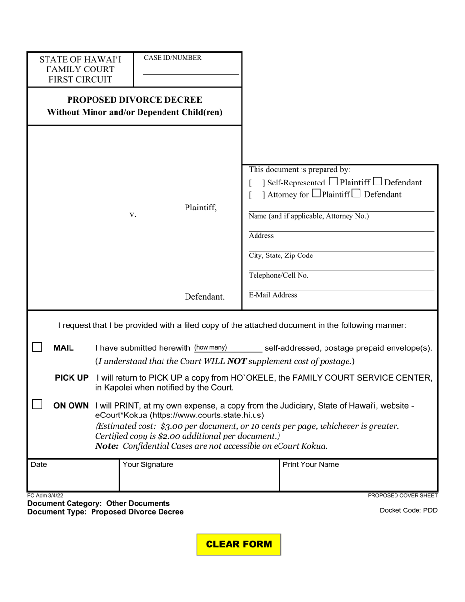 Form 1F-P-1056 Proposed Divorce Decree Without Minor and / or Dependent Child(Ren) - Hawaii, Page 1