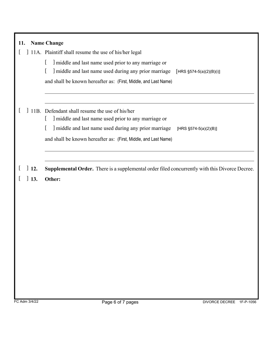 Form 1F-P-1056 Proposed Divorce Decree Without Minor and / or Dependent Child(Ren) - Hawaii, Page 7