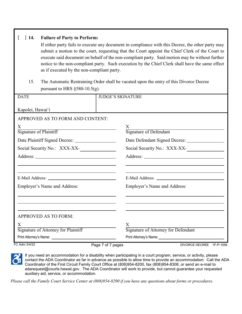 Form 1F-P-1056 Proposed Divorce Decree Without Minor and / or Dependent Child(Ren) - Hawaii, Page 8