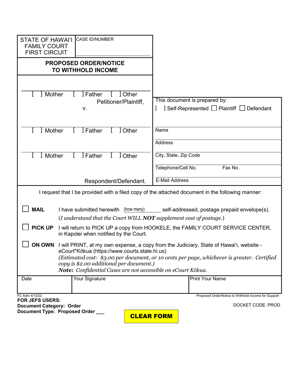 Form 1F-P-1098 Order / Notice to Withhold Income for Support - Hawaii, Page 1