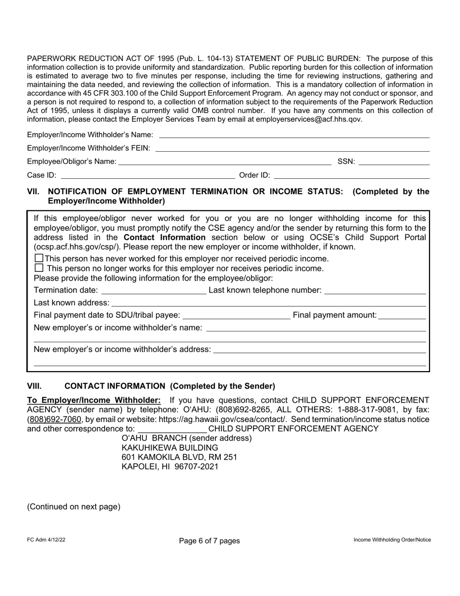 Form 1F-P-1098 Order / Notice to Withhold Income for Support - Hawaii, Page 7