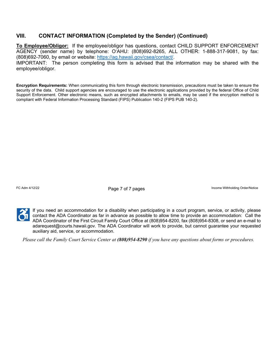 Form 1F-P-1098 Order / Notice to Withhold Income for Support - Hawaii, Page 8