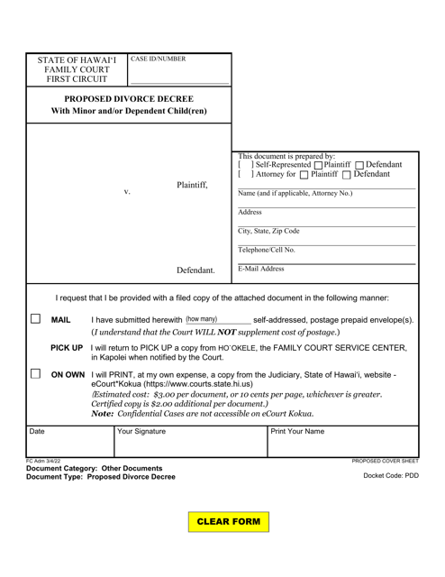 Form 1F-P-746 Proposed Divorce Decree With Minor and/or Dependent Child(Ren) - Hawaii