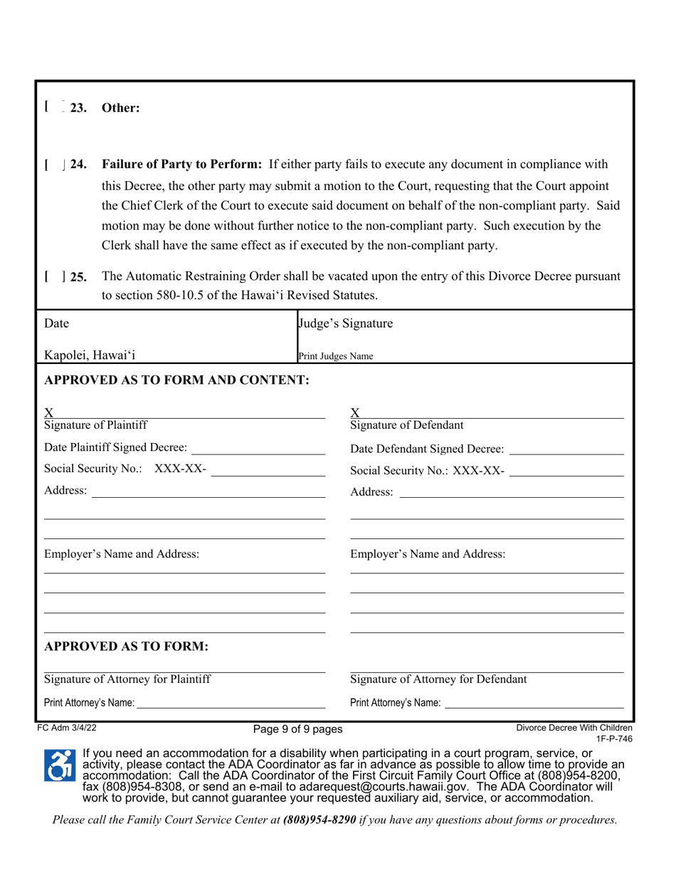 Form 1F-P-746 Proposed Divorce Decree With Minor and / or Dependent Child(Ren) - Hawaii, Page 10
