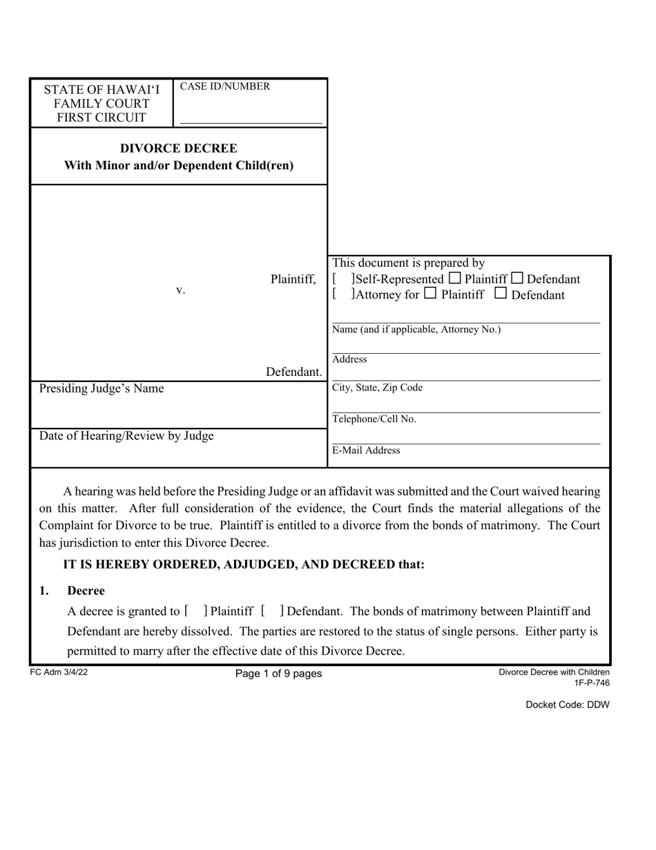 Form 1F-P-746 Proposed Divorce Decree With Minor and / or Dependent Child(Ren) - Hawaii, Page 2