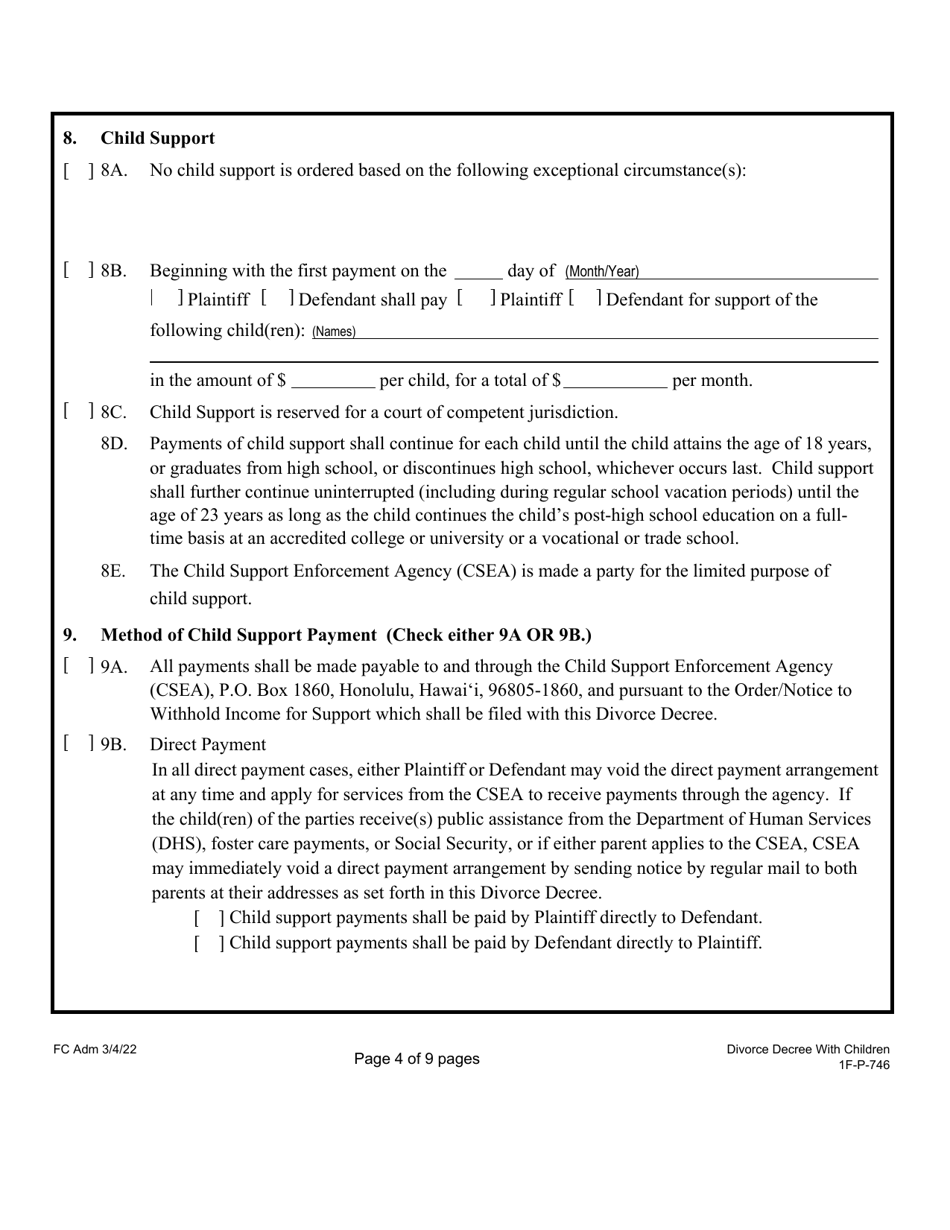 Form 1F-P-746 Proposed Divorce Decree With Minor and / or Dependent Child(Ren) - Hawaii, Page 5