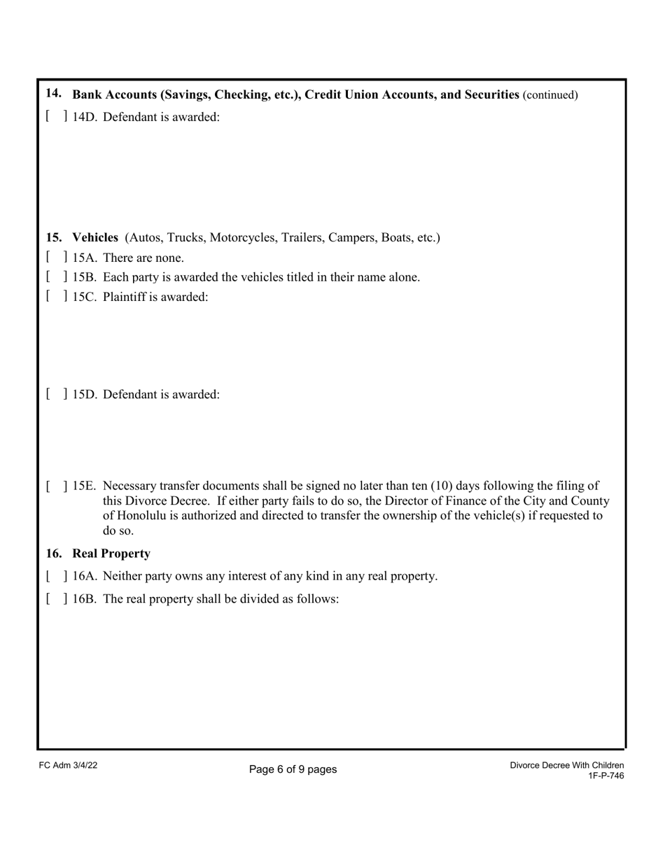 Form 1F-P-746 Proposed Divorce Decree With Minor and / or Dependent Child(Ren) - Hawaii, Page 7