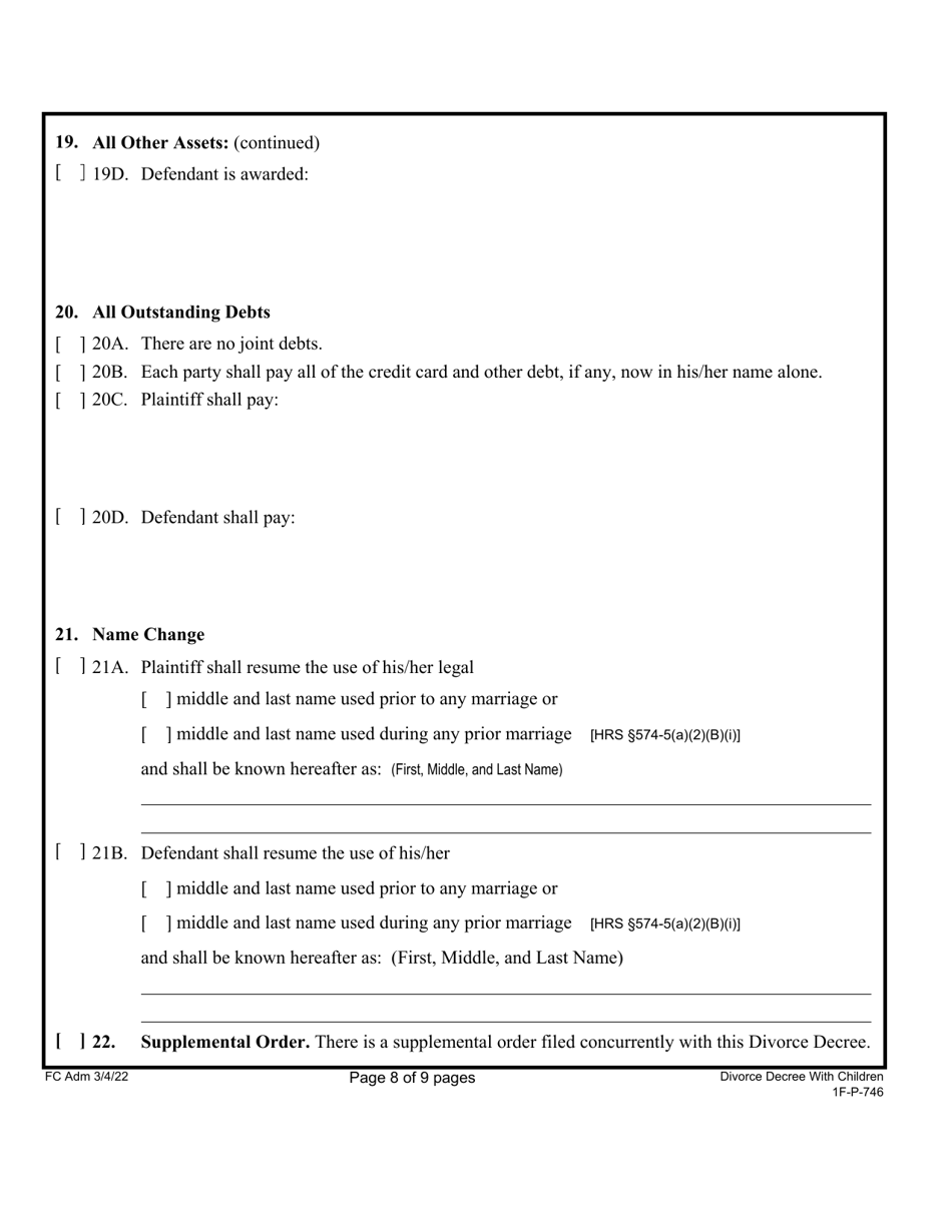 Form 1F-P-746 Proposed Divorce Decree With Minor and / or Dependent Child(Ren) - Hawaii, Page 9