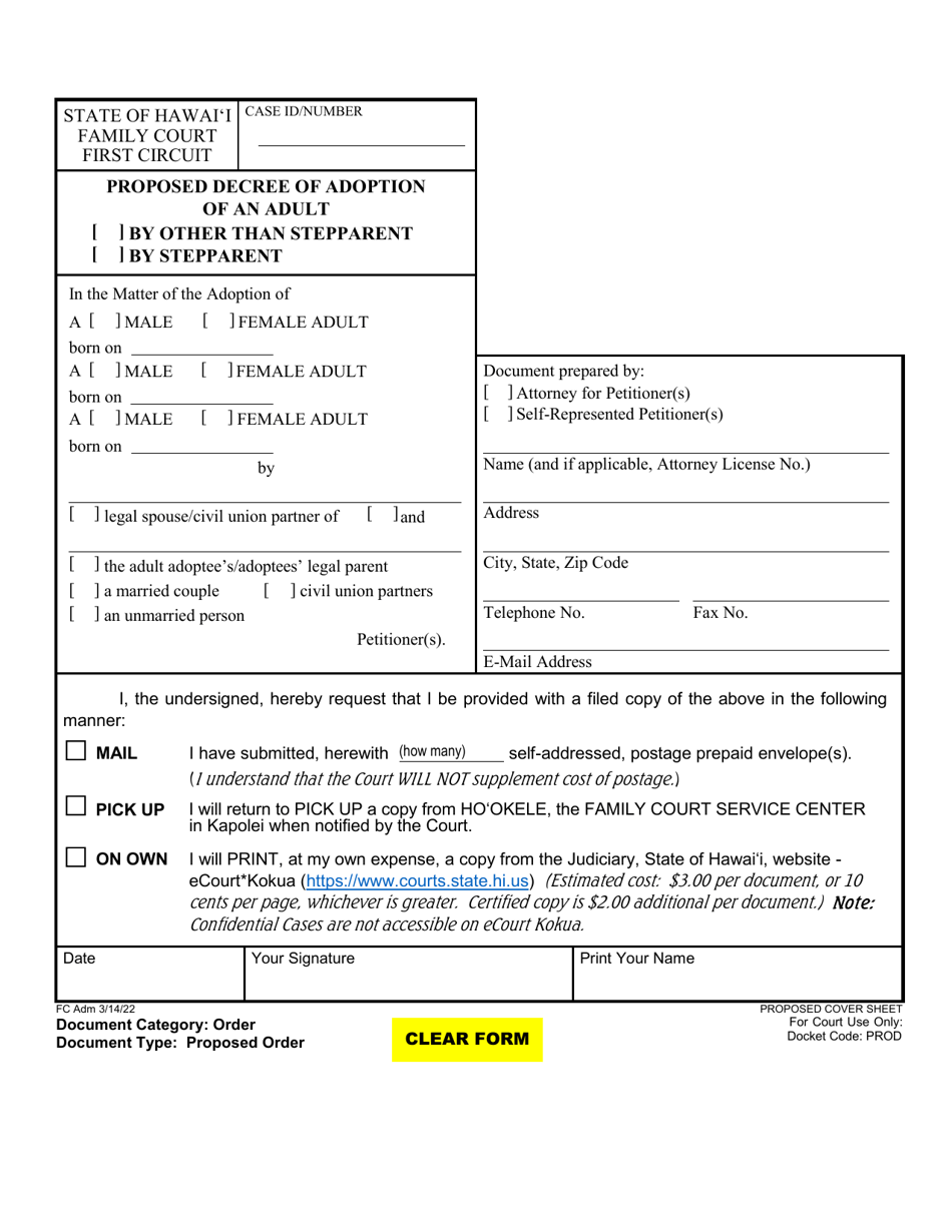 Form 1F-P-2071 Proposed Decree of Adoption of an Adult - Hawaii, Page 1