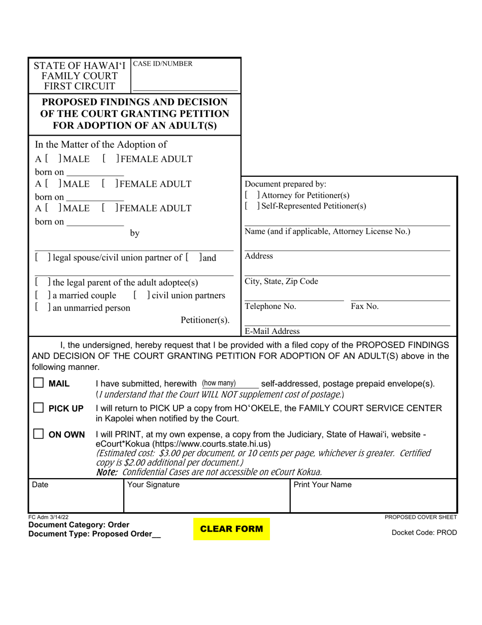 Form 1F-P-2072 Proposed Findings and Decision of the Court Granting Petition for Adoption of an Adult(S) - Hawaii, Page 1