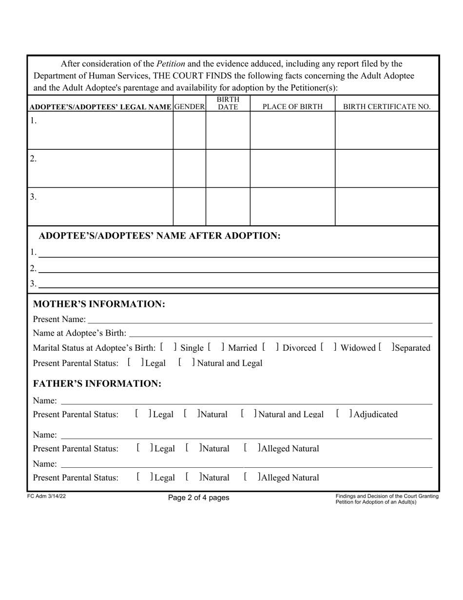 Form 1F-P-2072 Proposed Findings and Decision of the Court Granting Petition for Adoption of an Adult(S) - Hawaii, Page 3