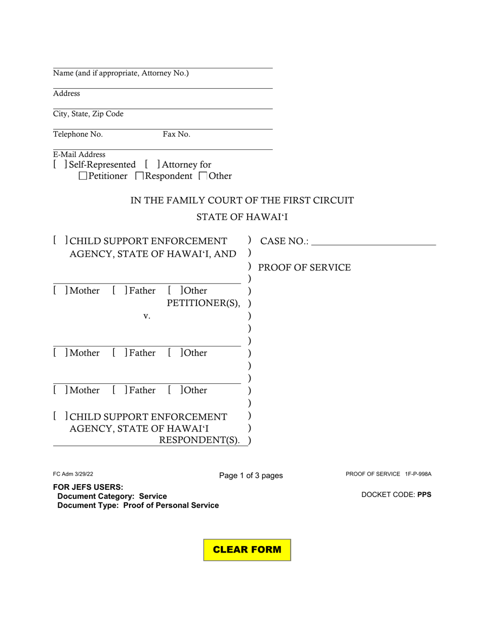Form 1F-P-998A Proof of Service - Hawaii, Page 1