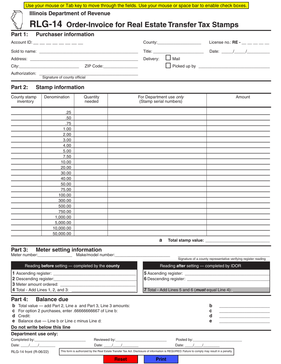 Form RLG-14 Order-Invoice for Real Estate Transfer Tax Stamps - Illinois, Page 1