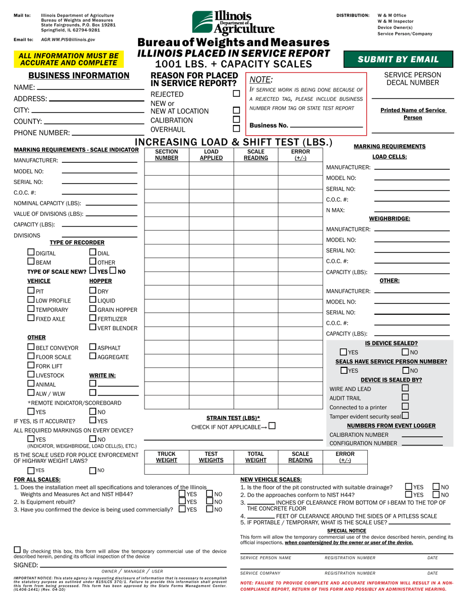 Form IL406-1441 Illinois Placed in Service Report - 1001 Lbs. + Capacity Scales - Illinois, Page 1