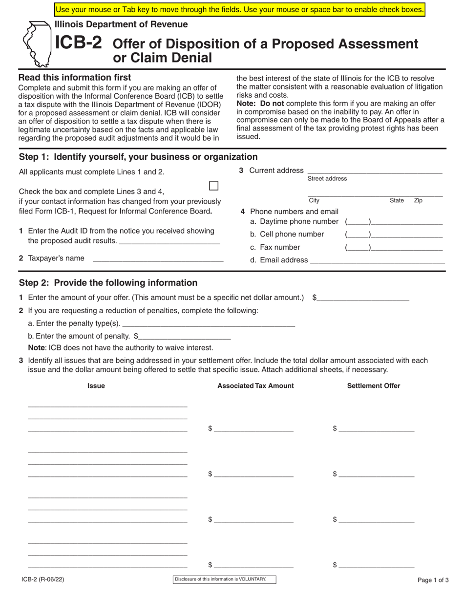 Form ICB-2 Offer of Disposition of a Proposed Assessment or Claim Denial - Illinois, Page 1