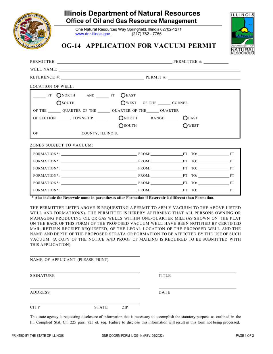 DNR OOGRM Form OG-14 Application for Vacuum Permit - Illinois, Page 1