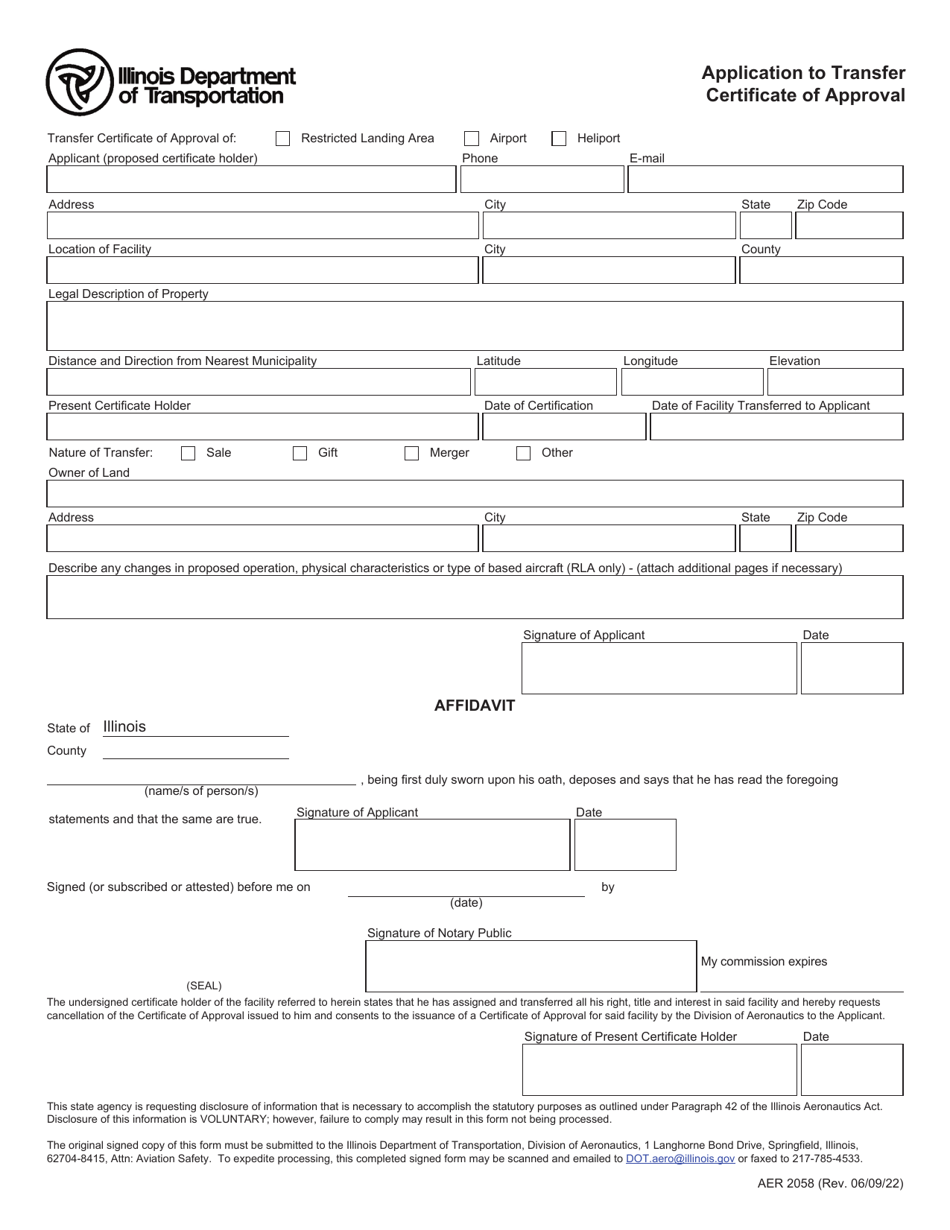 Form AER2058 Application to Transfer Certificate of Approval - Illinois, Page 1
