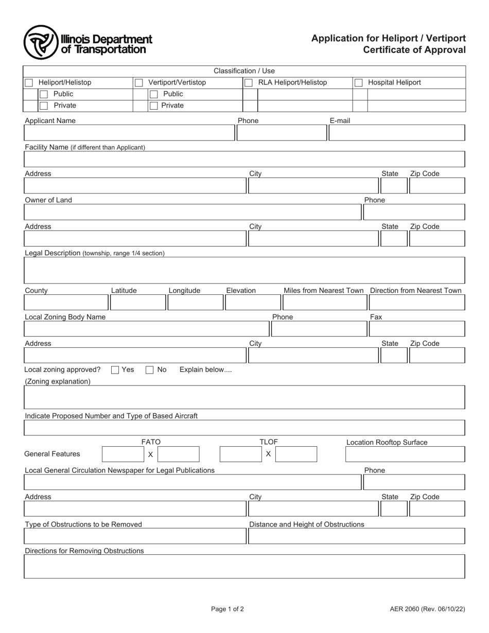 Form AER2060 Application for Heliport / Vertiport Certificate of Approval - Illinois, Page 1