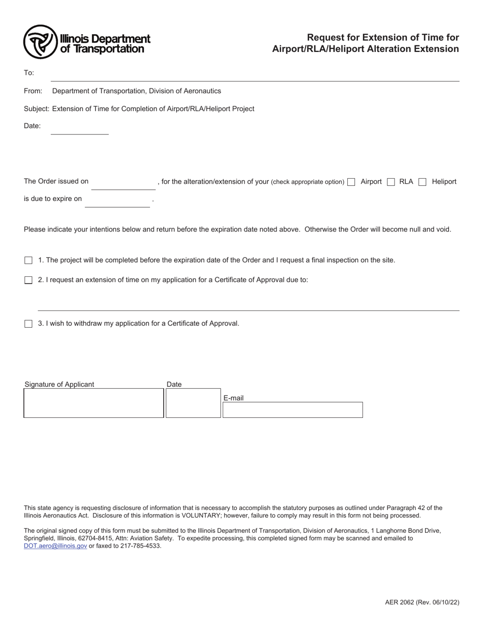 Form AER2062 Request for Extension of Time for Airport / Rla / Heliport Alteration Extension - Illinois, Page 1